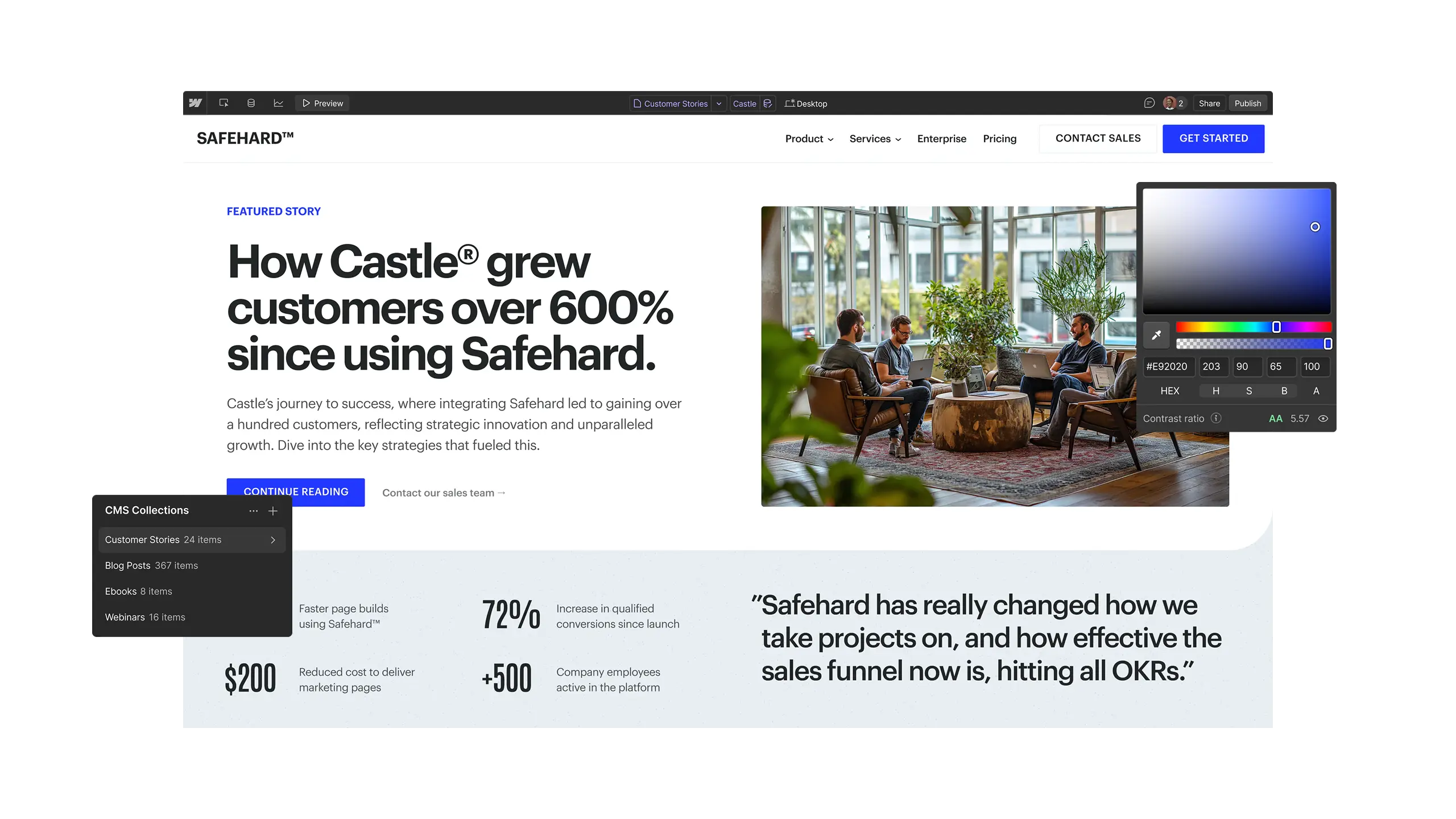 Screenshot of a website nested in the Vinexel canvas with two floating panels.
